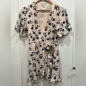 J.O.A. Cream Mini Wrap Dress with Blue Floral Print